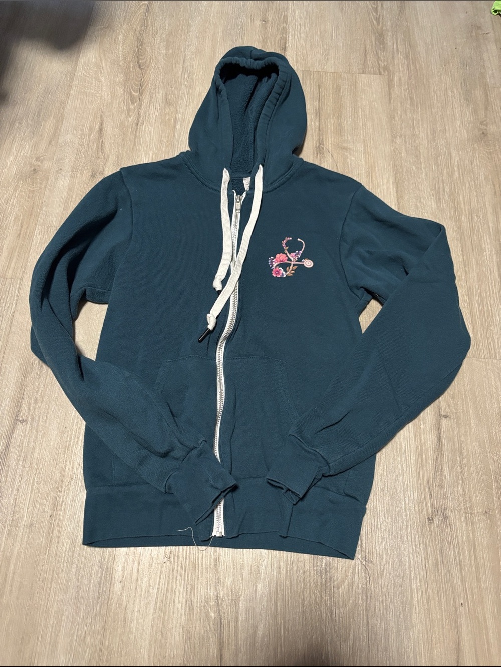 Teal Zip-Up‎ Hoodie with Floral Nurse Embroidery